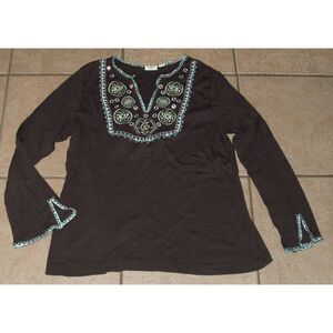 CATO Brown Plus Sz 18/20 Casual Wear Long Sleeve Stretchy Embroidered Boho Shirt